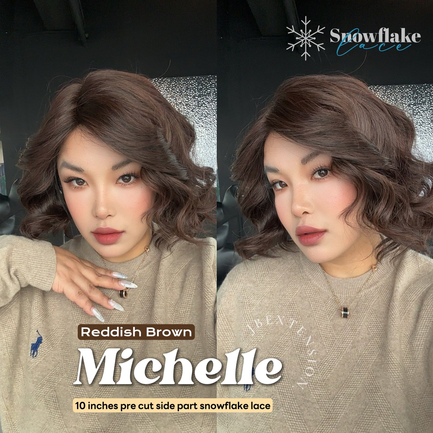 JBEXTENSION 10 Inches Reddish Brown Pre-Cut Side Part Snowflake Lace Frontlace Glueless Wig MICHELLE REDDISH BROWN【BENDY EAR TABS】