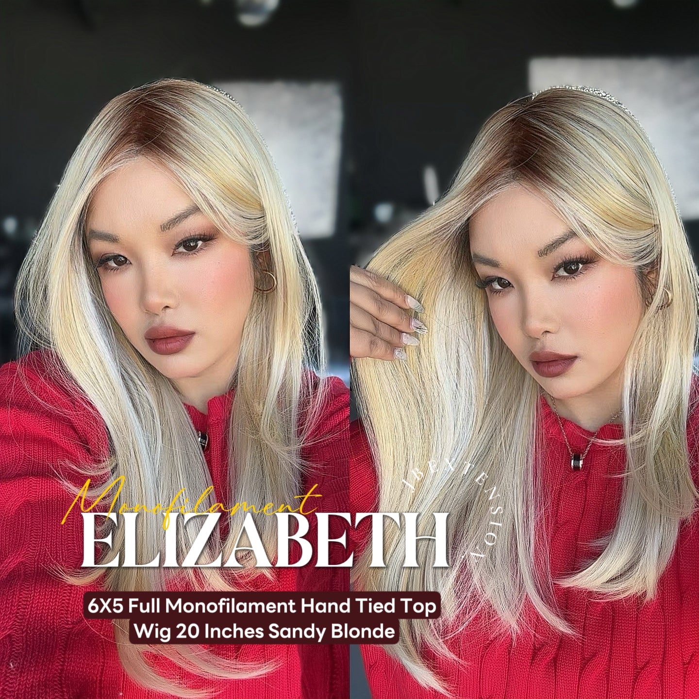 JBEXTENSION ELIZABETH MONO Monofilament Handmade Wig 6X5 Full Monofilament Hand Tied Top Wig 20 Inches Sandy Blonde Mono Lace Wig With Anti-slip Silicone Strips Glueless Wig ELIZABETH MONO【BENDY EAR TABS】