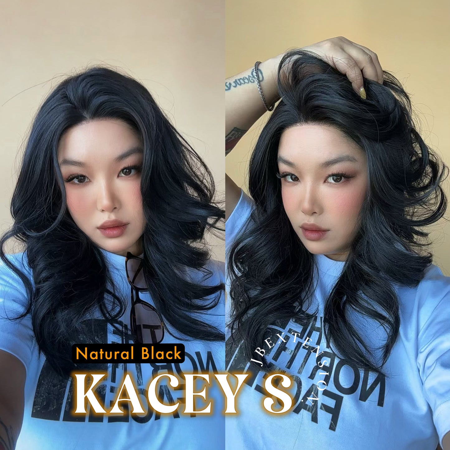 JBEXTENSION 20 Inches Natural Black Pre-Cut Snowflake Lace Frontlace Glueless Wig KACEY S NATURAL BLACK【PERMATEASE】【BENDY EAR TABS】- S/M