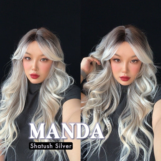 JBEXTENSION 26 Inches Long Shatush Silver Body Wave With Bangs MANDA SHATUSH SILVER