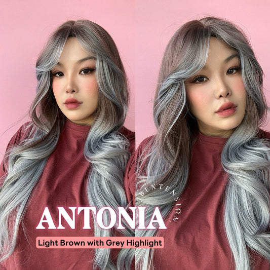 JBEXTENSION 28 Inches Scalpiana Long Curly Light Brown with Grey Highlight 3.5X4 Hard Silky Top Natural Scalp Effect Wig ANTONIA