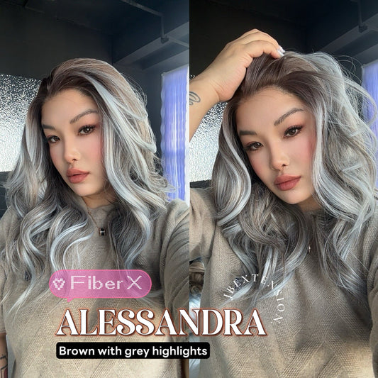 JBEXTENSION 20 Inches Brown with Grey Highlight Curly Fiber X, Tangle Less Pre-Cut Free Part Frontlae Glueless Wig ALESSANDRA GREY