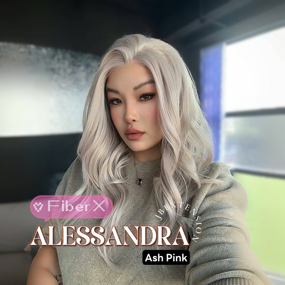JBEXTENSION 20 Inches Ash Pink Curly Fiber X, Tangle Less Pre-Cut Free Part Frontlae Glueless Wig ALESSANDRA ASH PINK