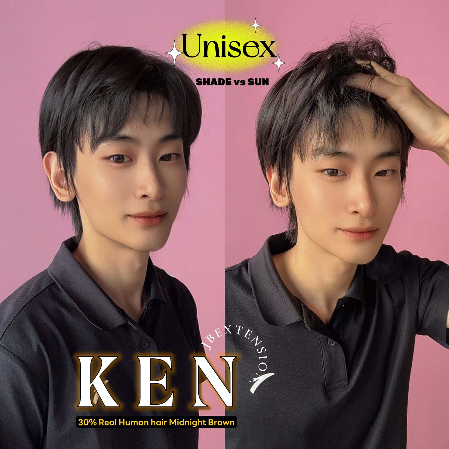 JBEXTENSION Short Hair 30% Real Human Hair Midnight Brown( Black/Brown) Unisex Wig Man Wig KEN