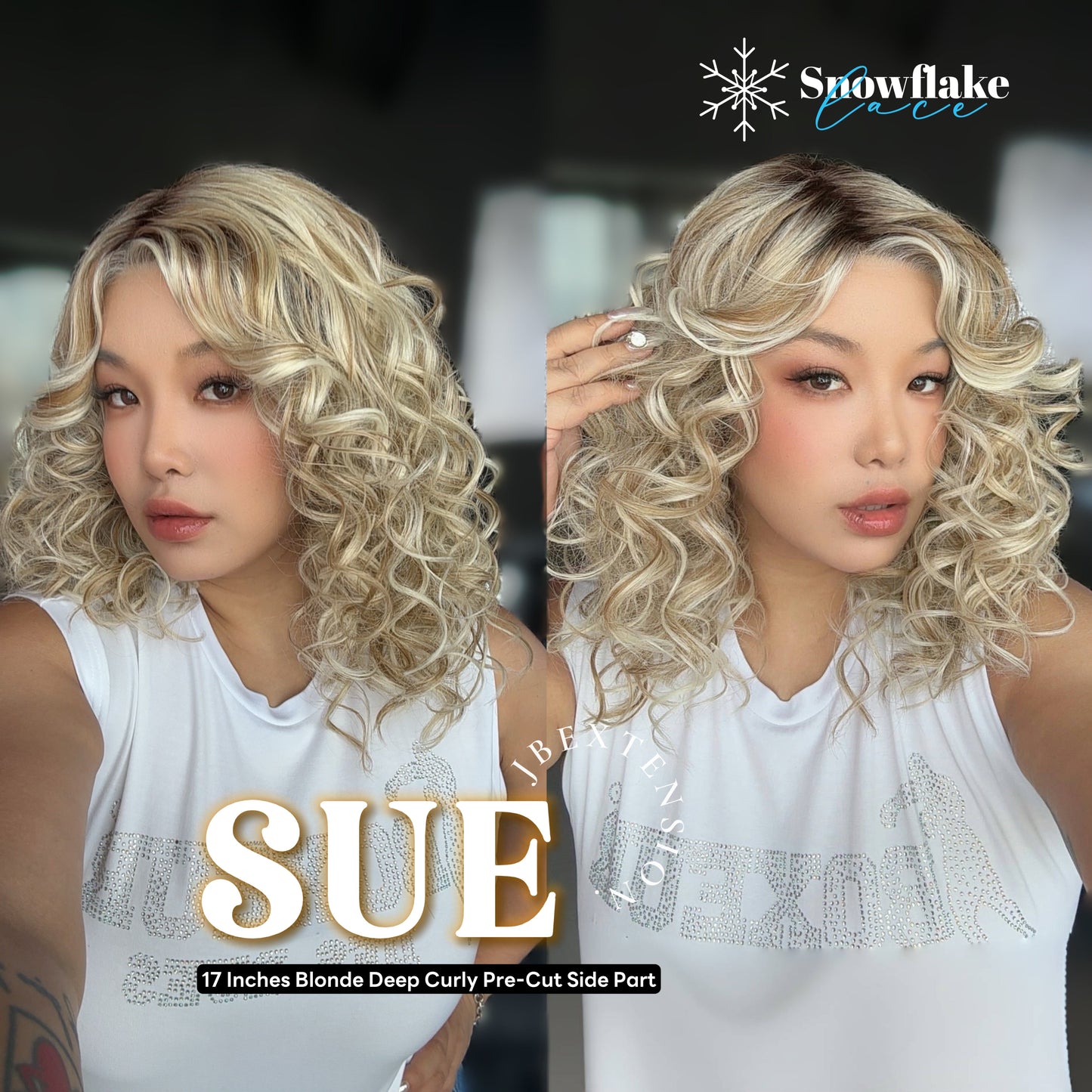 JBEXTENSION 17 Inches Blonde Deep Curly Pre-Cut Side Part Snowflake Lace Frontlace Glueless Wig SUE【BENDY EAR TABS】