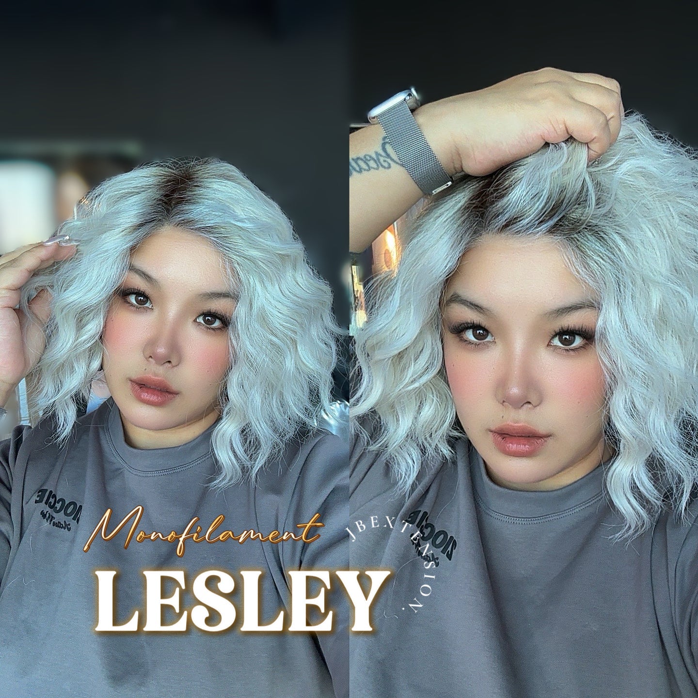 JBEXTENSION LESLEY MONO Monofilament Handmade Wig 6X5 Full Monofilament Hand Tied Top Wig 10 Inches Silver Curly Mono Lace Wig With Anti-slip Silicone Strips Glueless Wig LESLEY MONO【BENDY EAR TABS】
