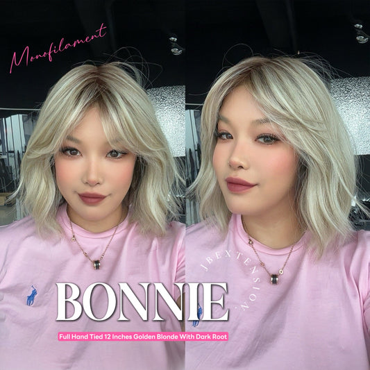 [PRE-ORDER] HOT OF SEASON - BONNIE MONO GOLDEN BLONDE Full Monofilament Handmade Full Lace Full Hand Tied Wig 12 Inches Golden Blonde With Dark Root Mono Lace Handmade Futura Fiber Glueless Wig BONNIE MONO GOLDEN BLONDE【BENDY EAR TABS】