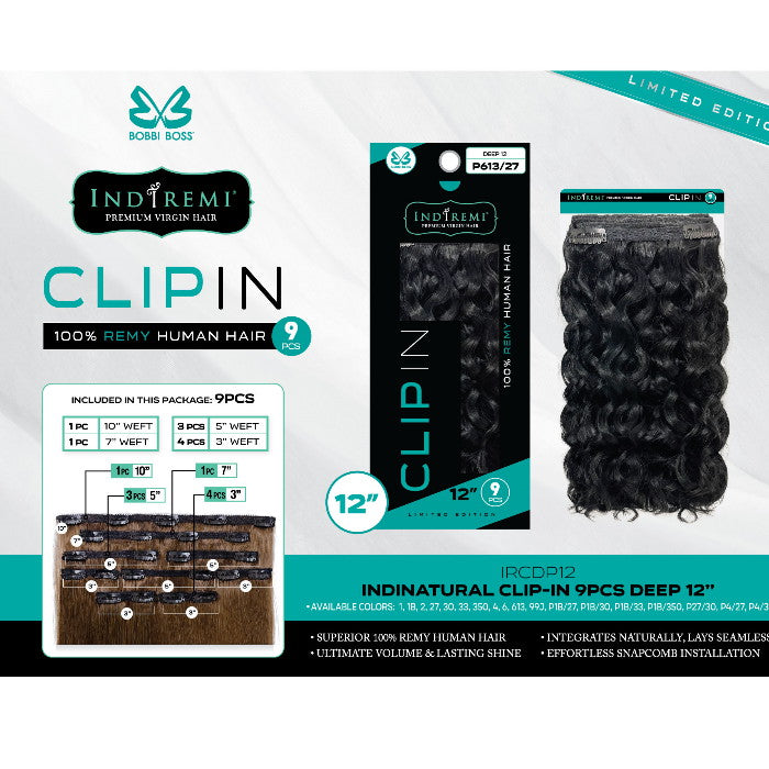 Bobbi Boss Indiremi Clip-In 9 PCS 100% Remy Human Hair Weaving - DEEP 12"