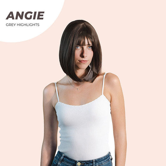 JBEXTENSION 12 Inches Bob Cut Dark Brown With Grey Highlight Wig With Bangs ANGIE GREY