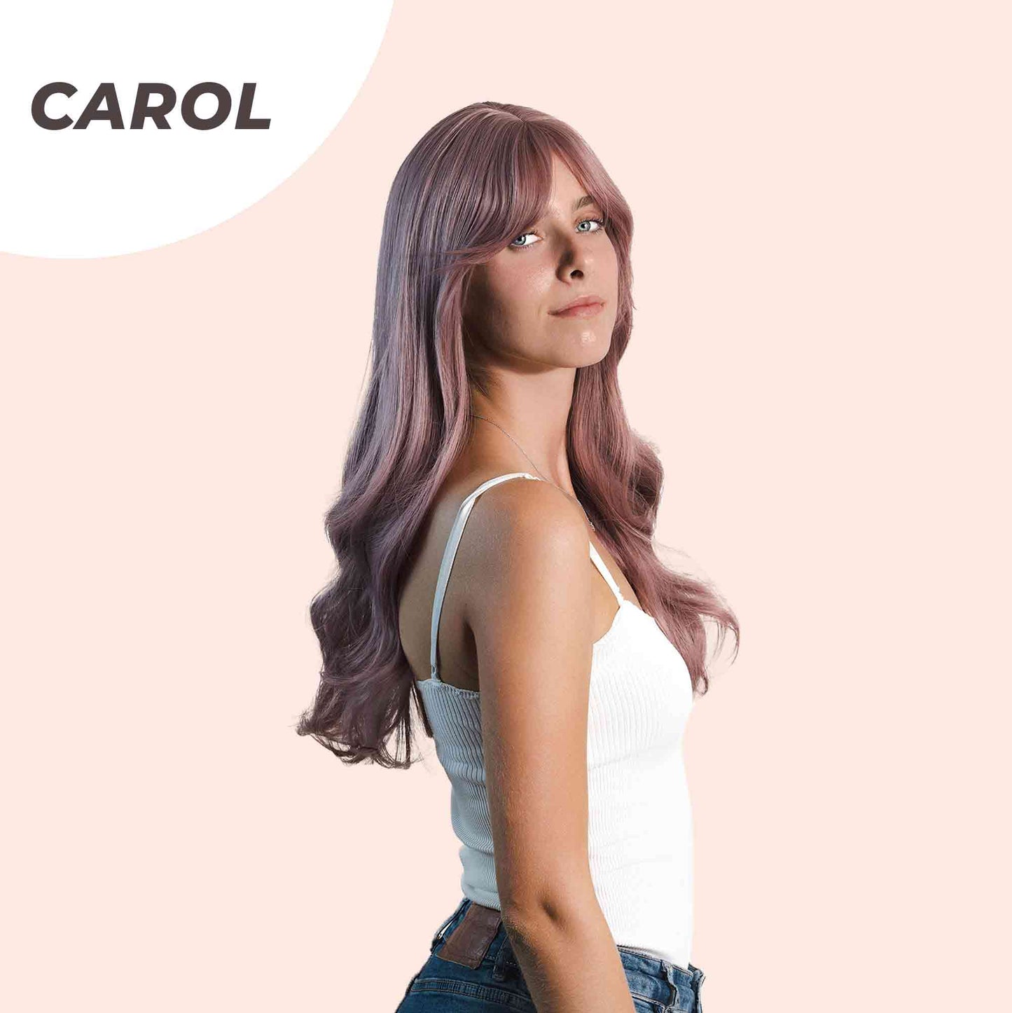 JBEXTENSION 22 Inches Smoke Pink Curly Wig With Bangs CAROL
