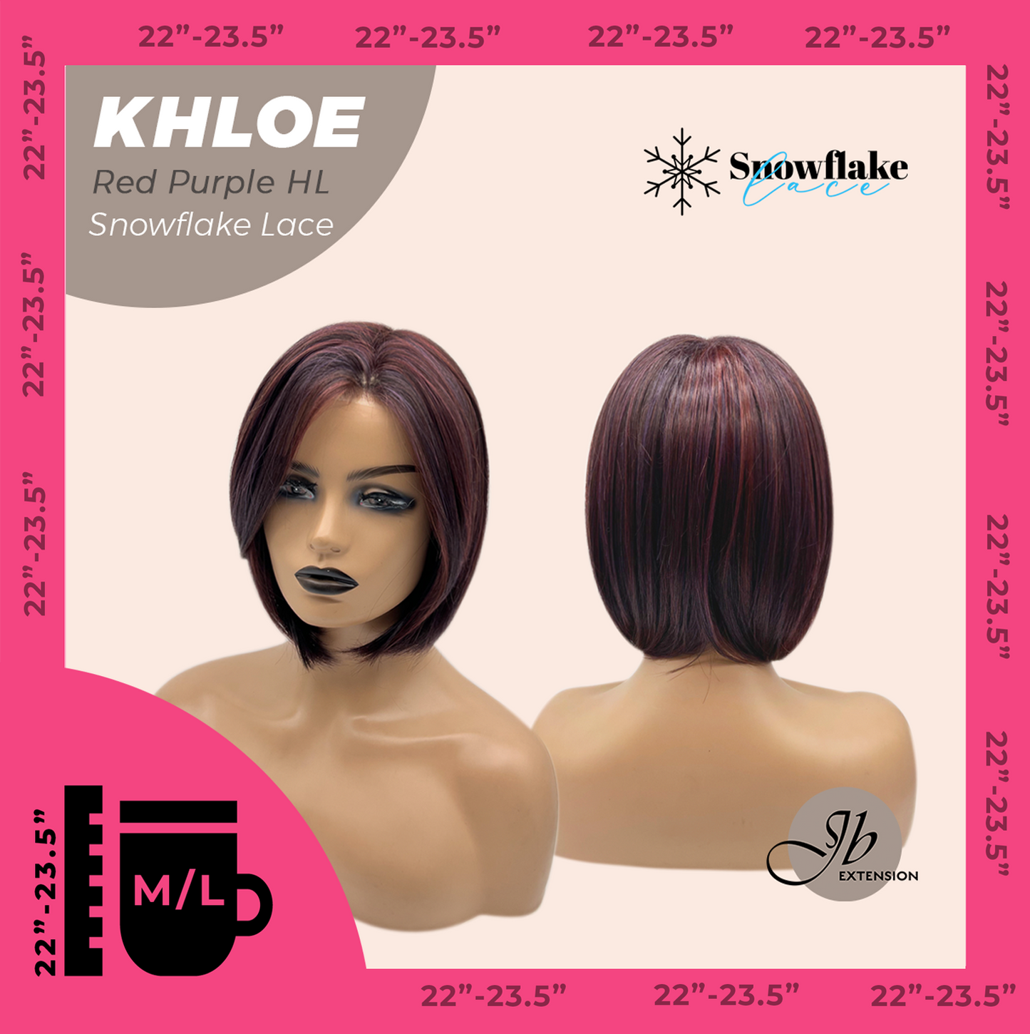 JBEXTENSION 12 Inches Bob Cut Red Purple Highlight Pre-Cut Snowflake Lace Frontlace Glueless Wig KHLOE RED PURPLE HIGHLIGHT【PERMATEASE】【BENDY EAR TABS】- M/L