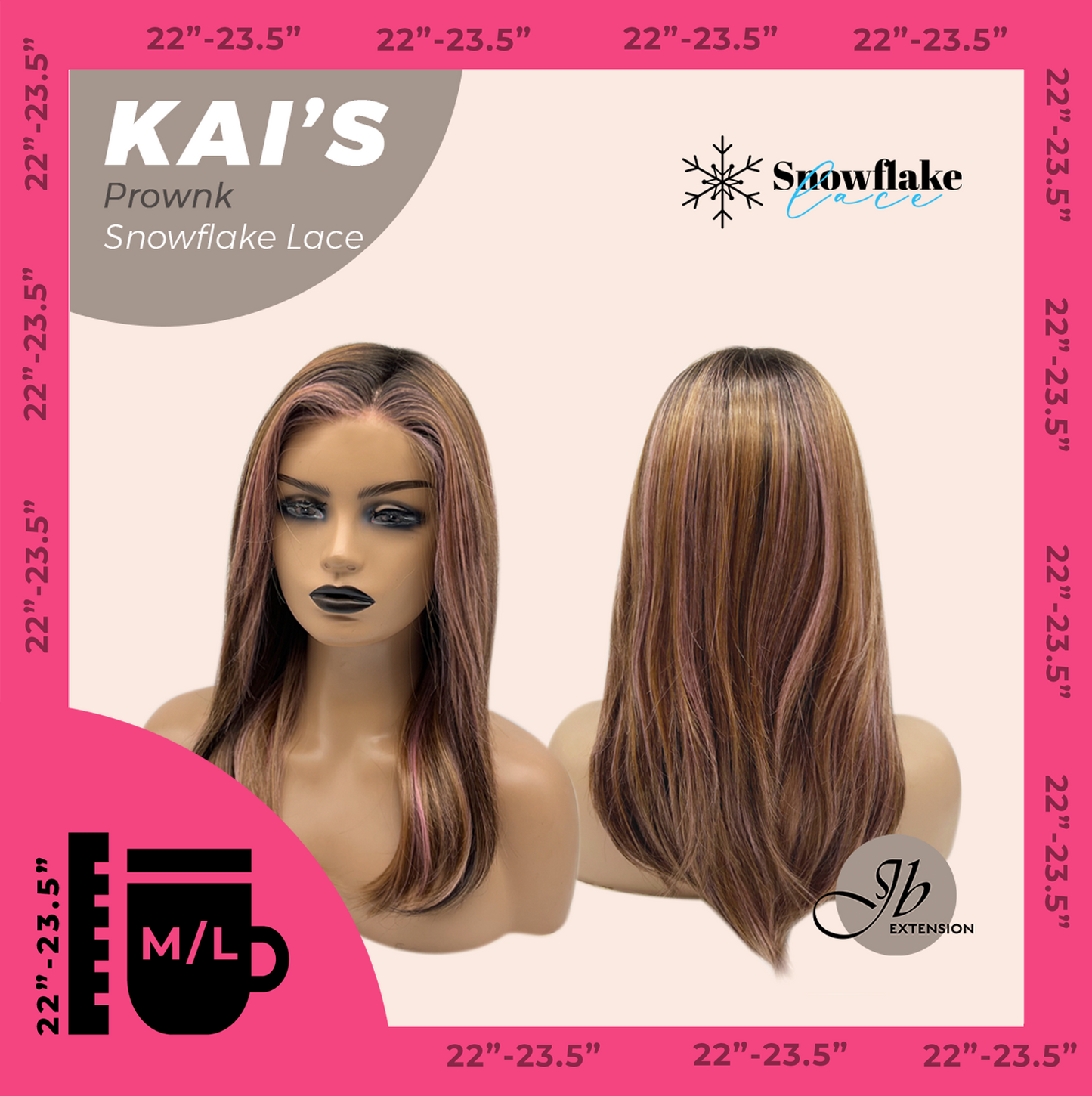 JBEXTENSION 18 Inches Brown with Pink Highlight Pre-Cut Snowflake Lace Frontlace Glueless Wig KAI'S PROWNK【PERMATEASE】【BENDY EAR TABS】- M/L