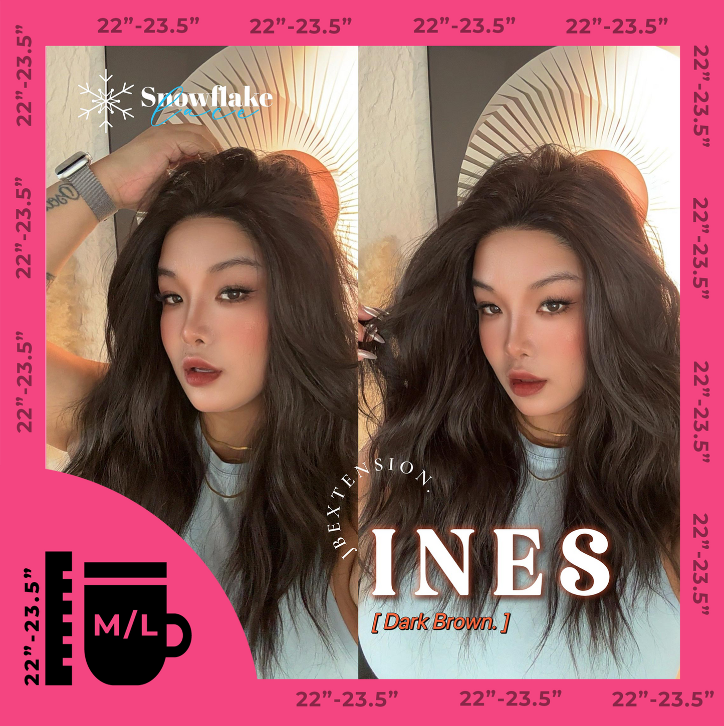 JBEXTENSION 22 Inches Dark Brown Pre-Cut Snowflake Lace Frontlace Glueless Wig INéS DARK BROWN【PERMATEASE】【BENDY EAR TABS】- M/L