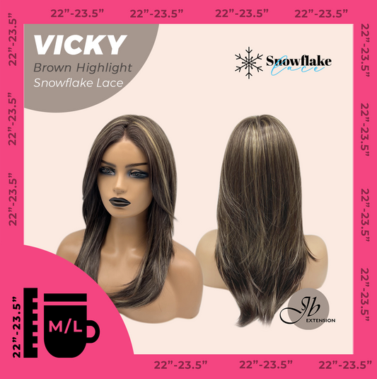 JBEXTENSION 20 Inches Dark Brown with Highlight Pre-Cut Snowflake Lace Frontlace Glueless Wig VICKY BROWN HIGHLIGHT【PERMATEASE】【BENDY EAR TABS】- M/L