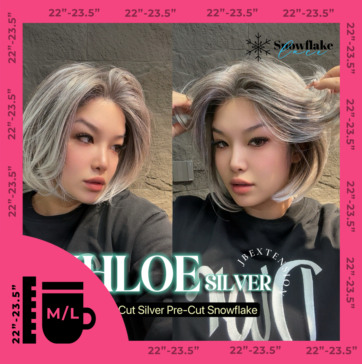 JBEXTENSION 12 Inches Bob Cut Silver Pre-Cut Snowflake Lace Frontlace Glueless Wig KHLOE SILVER【PERMATEASE】【BENDY EAR TABS】- M/L
