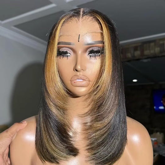 Layer Cut Glueless Wigs Ombre Highlight Straight Bob Human Hair Classic HD Lace Wigs