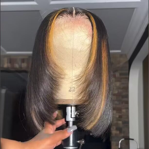 Layer Cut Glueless Wigs Ombre Highlight Straight Bob Human Hair Classic HD Lace Wigs