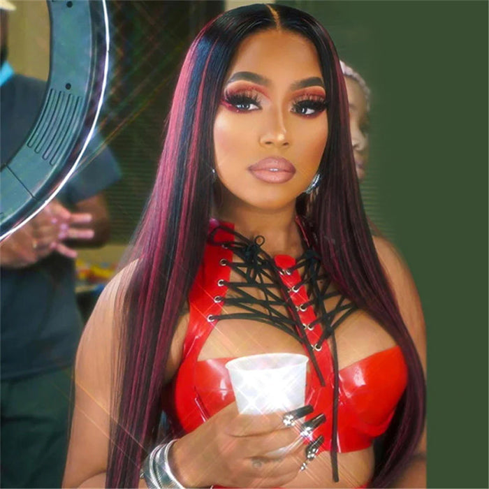 Black Wig With 99J Burgundy Highlight Mixed Colored 13*4/5x5 HD Lace Front Wigs Money Piece Hair