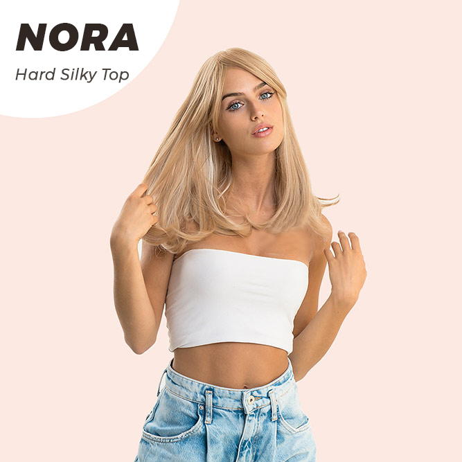 JBEXTENSION 16 Inches Scalpiana Blonde With Platinum Highlight 3.5X4 Hard Silky Top Natural Scalp Effect Wig With Bangs NORA SILKY TOP