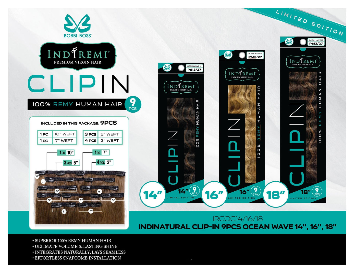Bobbi Boss Indiremi Clip-In 9 PCS 100% Remy Human Hair Weaving - OCEAN WAVE 14"/16"