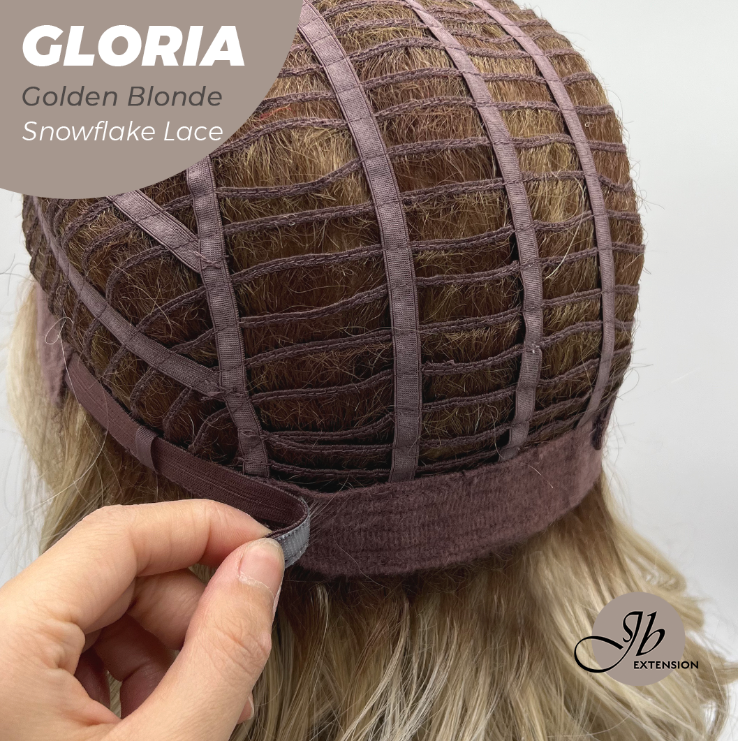 JBEXTENSION 14 Inches Curly Golden Blonde Wig with Bangs Pre-Cut T Part Snowflake Lace Frontlace Glueless Wig GLORIA GOLDEN BLONDE