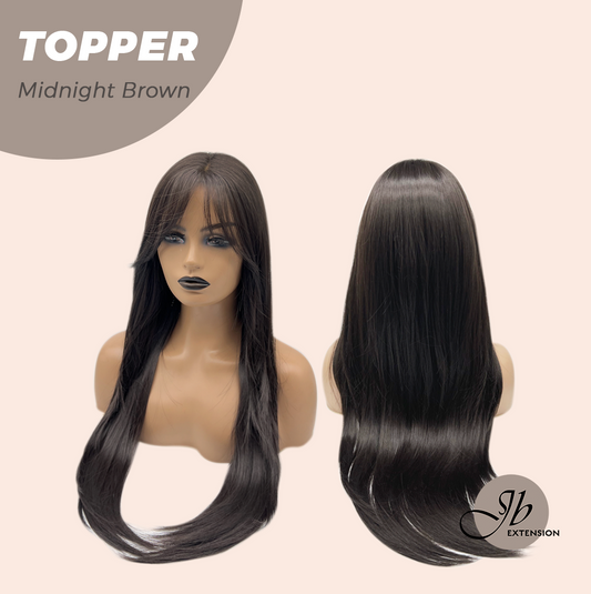 JBEXTENSION 28 Inches T Part Pre-Cut Frontlace Topper Clip in Synthetic Fiber Long Straight Topper Hair Piece Hair with Bangs for Women Clip in Top Crown Hair Clip on Toupee Hairpiece for Slight Hair Loss/Thinning Hair