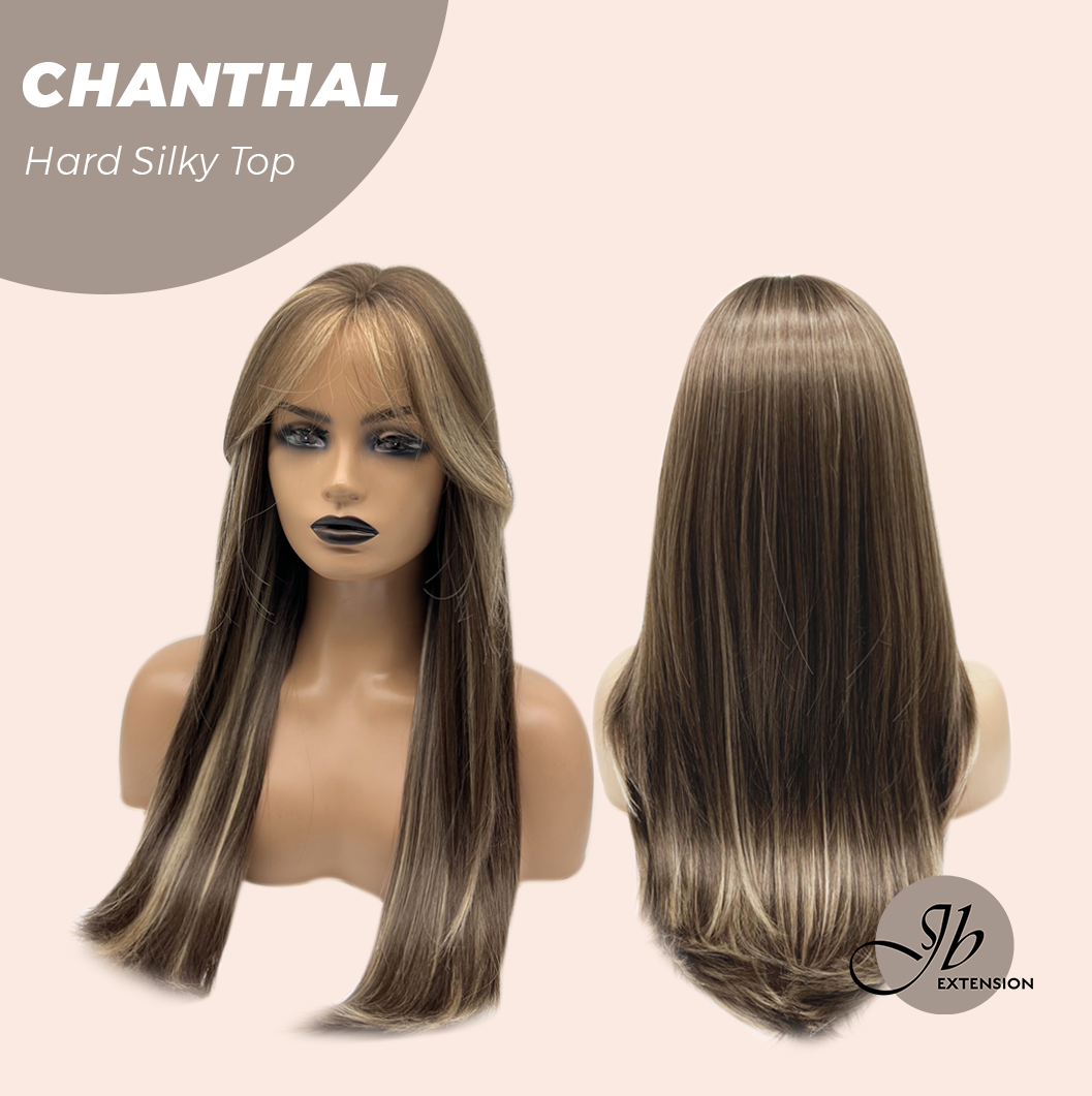 JBEXTENSION 25 Inches Scalpiana Brown with Blonde Highlight 3.5X4 Hard Silky Top Natural Scalp Effect Wig With Bangs CHANTHAL