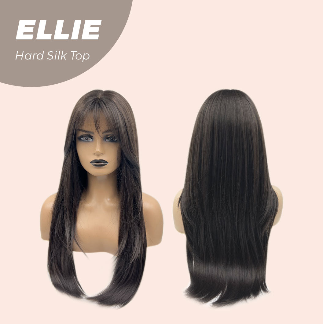 JBEXTENSION 26 Inches Scalpiana Tea Black Darkest Brown Wolf Cut 3.5X4 Hard Silky Top Natural Scalp Effect Wig With Bangs ELLIE SILK TOP