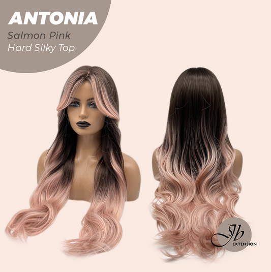 JBEXTENSION 28 Inches Scalpiana Long Curly Salmon Pink 3.5X4 Hard Silky Top Natural Scalp Effect Wig ANTONIA SALMON PINK