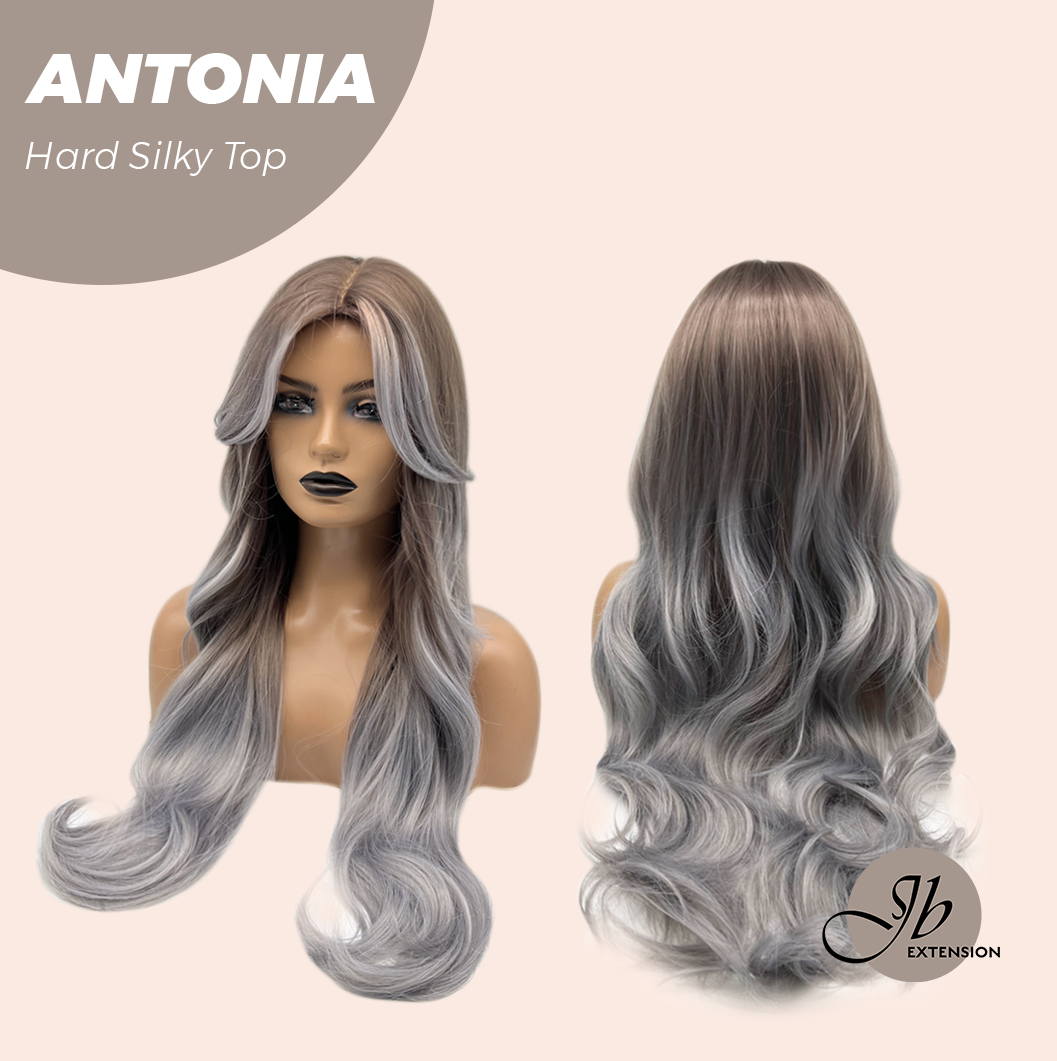 JBEXTENSION 28 Inches Scalpiana Long Curly Light Brown with Grey Highlight 3.5X4 Hard Silky Top Natural Scalp Effect Wig ANTONIA