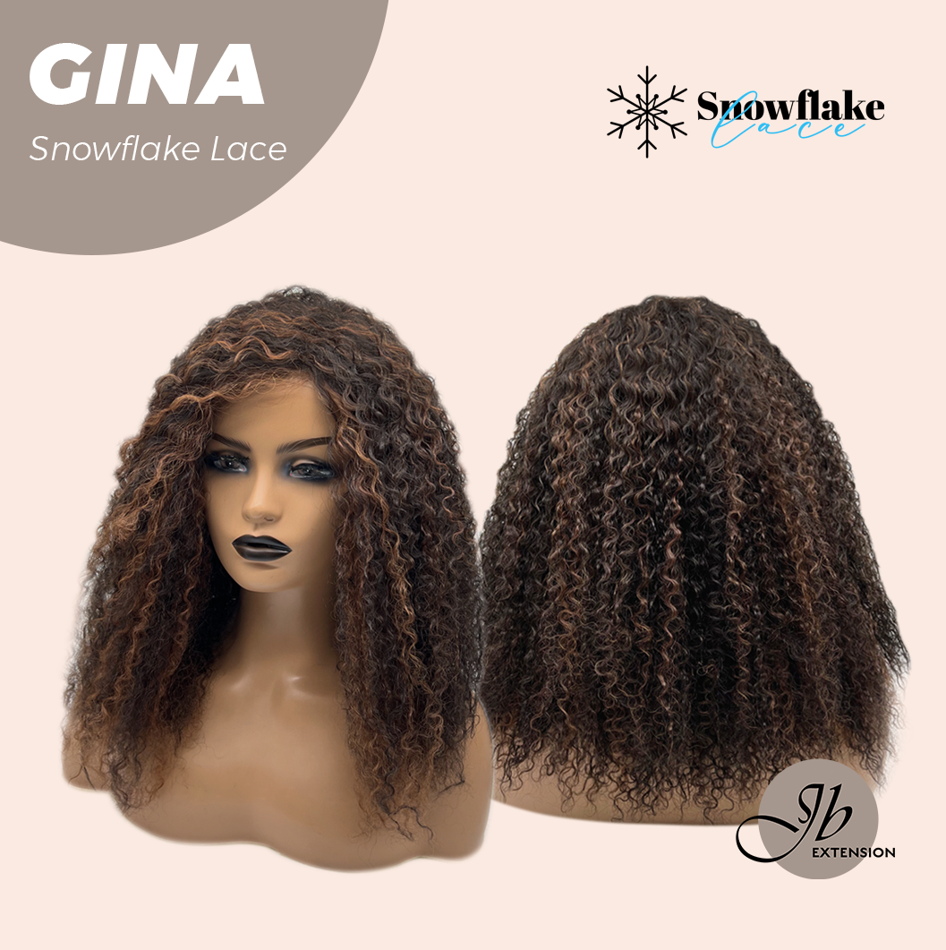 JBEXTENSION 16 Inches Deep Curly Black with Brown Highlight Pre-Cut Snowflake Lace Frontlace Glueless Wig GINA SNOWFLAKE【PERMATEASE】【BENDY EAR TABS】