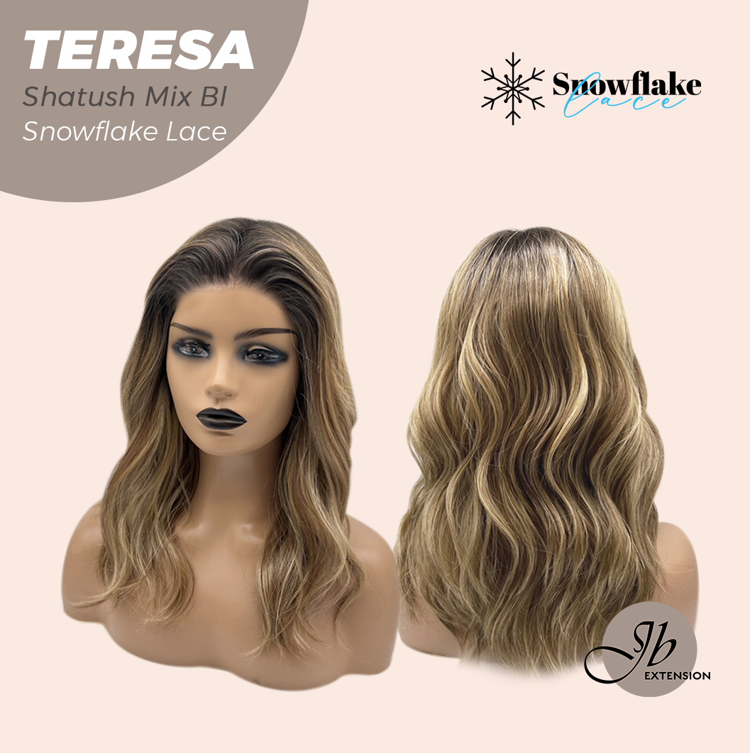 JBEXTENSION 18 Inches Shatush Mix Blonde Pre-Cut Snowflake Lace Frontlace Glueless Wig TERESA SHATUSH MIX BLONDE【PERMATEASE】【BENDY EAR TABS】- M/L