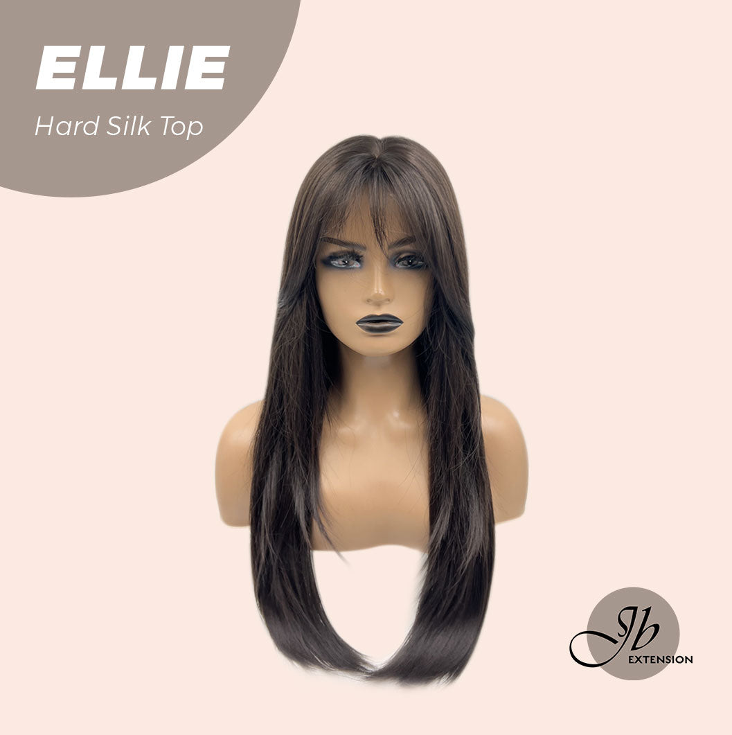 JBEXTENSION 26 Inches Scalpiana Tea Black Darkest Brown Wolf Cut 3.5X4 Hard Silky Top Natural Scalp Effect Wig With Bangs ELLIE SILK TOP