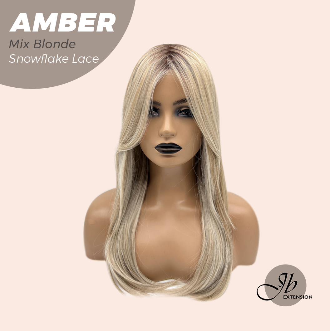 JBEXTENSION 21 Inches Straight Mix Blonde Pre-Cut T Part Snowflake Lace Frontlace Glueless Wig AMBER MIX BLONDE【BENDY EAR TABS】