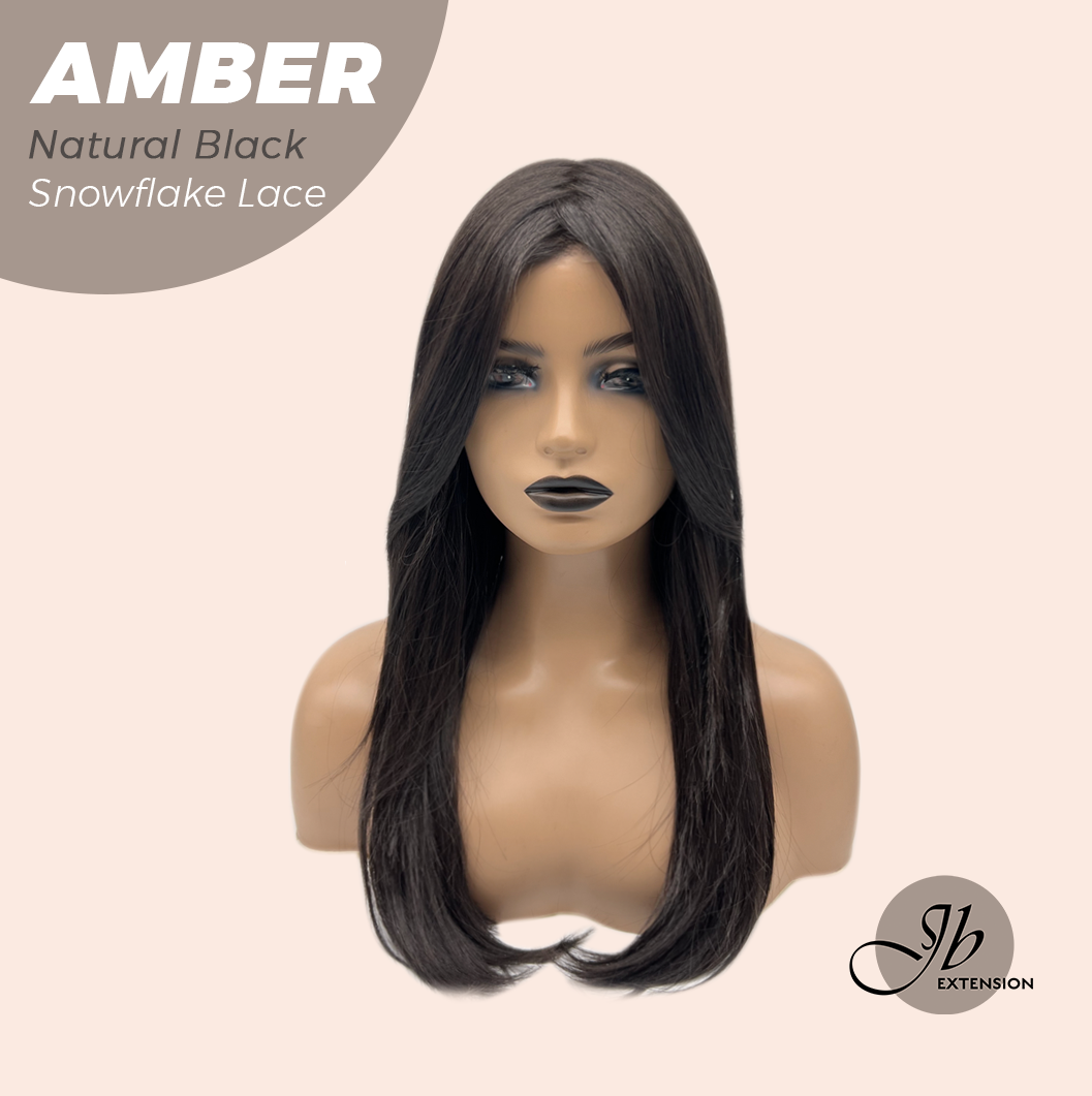 JBEXTENSION 21 Inches Straight Natural Black Pre-Cut T Part Snowflake Lace Frontlace Glueless Wig AMBER NATURAL BLACK【BENDY EAR TABS】