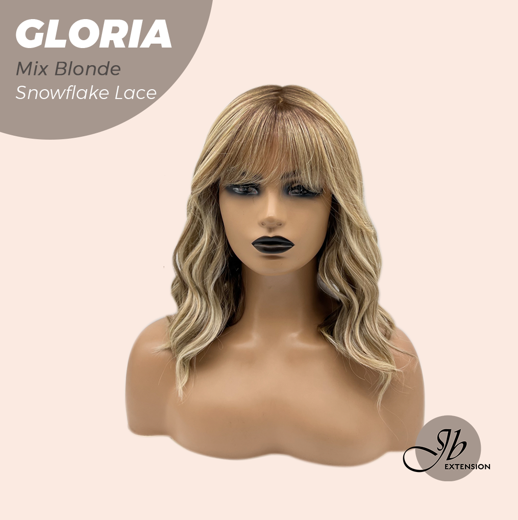 [PRE-ORDER] JBEXTENSION 14 Inches Curly Mix Blonde Wig with Bangs Pre-Cut T Part Snowflake Lace Frontlace Glueless Wig GLORIA MIX BLONDE