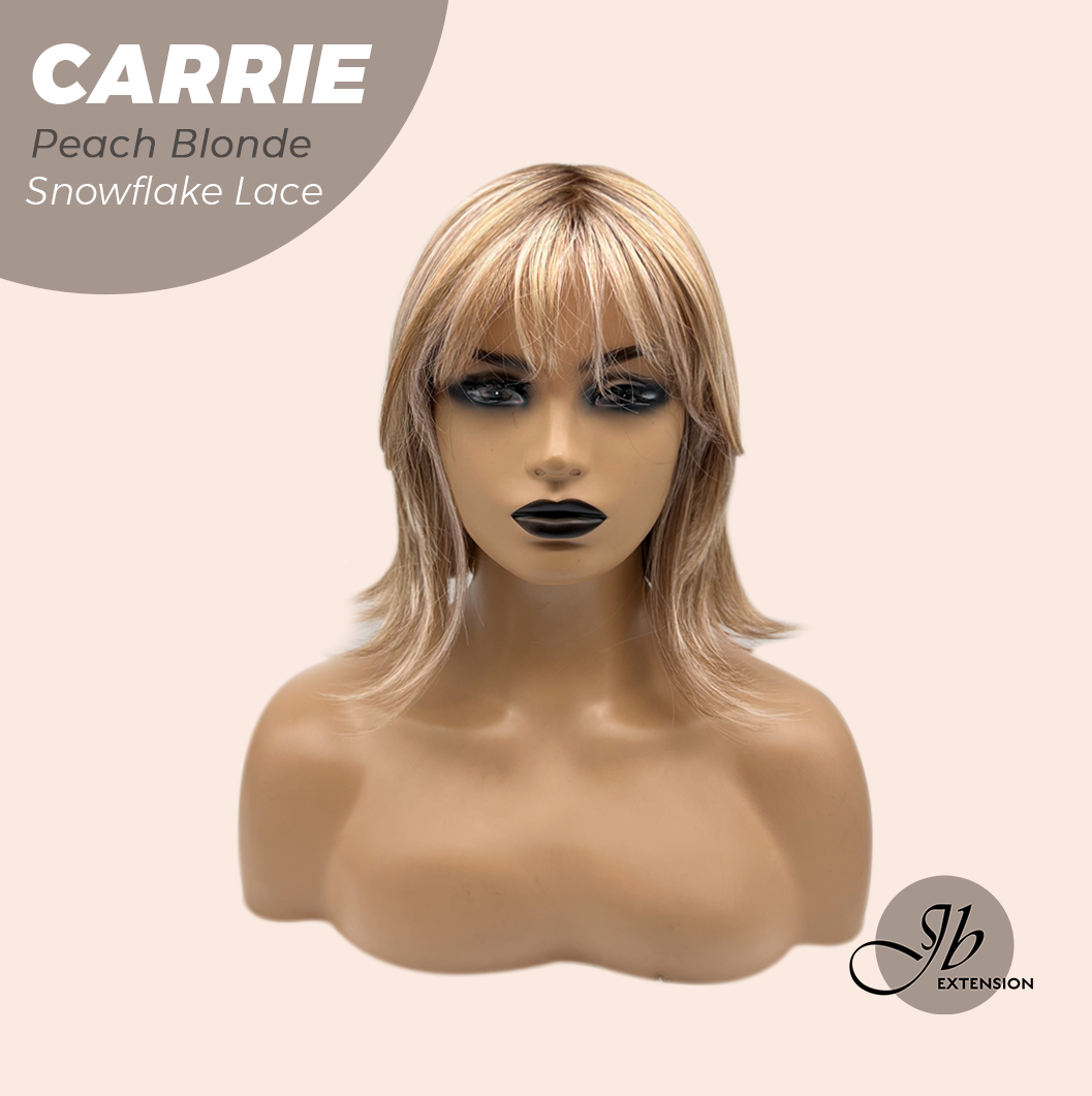 JBEXTENSION 11 Inches Short Hair Peach Blonde Pre-Cut T Part Snowflake Lace Frontlace Glueless Wig with Bangs CARRIE PEACH BLONDE【BENDY EAR TABS】