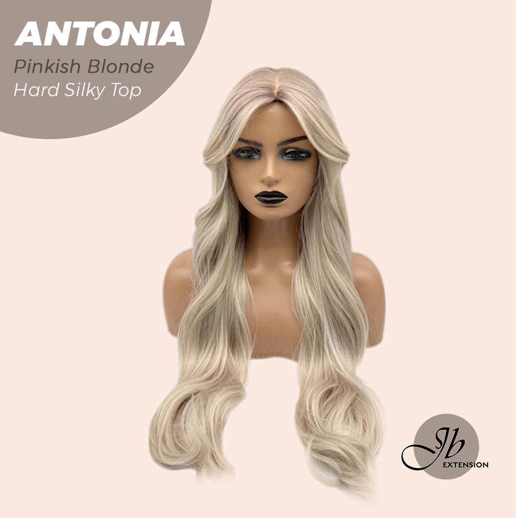 JBEXTENSION 28 Inches Scalpiana Long Curly Pinkish Blonde 3.5X4 Hard Silky Top Natural Scalp Effect Wig ANTONIA PINKISH BLONDE