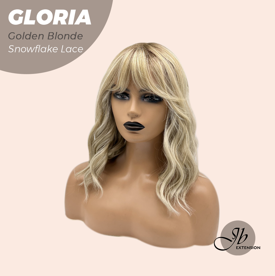 JBEXTENSION 14 Inches Curly Golden Blonde Wig with Bangs Pre-Cut T Part Snowflake Lace Frontlace Glueless Wig GLORIA GOLDEN BLONDE