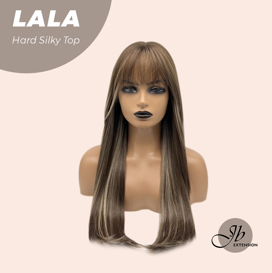 JBEXTENSION 25 Inches Scalpiana Brown with Blonde Highlight 3.5X4 Hard Silky Top Natural Scalp Effect Wig With Bangs LALA