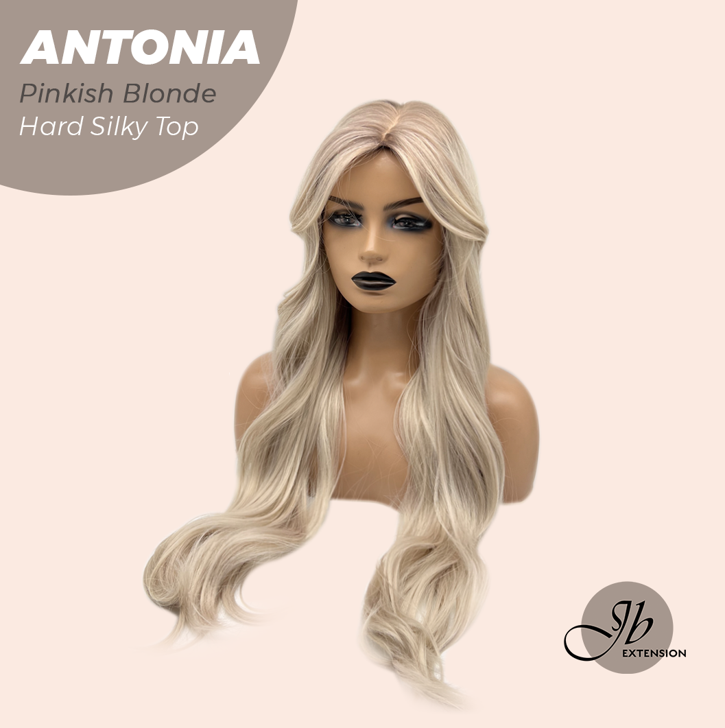 JBEXTENSION 28 Inches Scalpiana Long Curly Pinkish Blonde 3.5X4 Hard Silky Top Natural Scalp Effect Wig ANTONIA PINKISH BLONDE