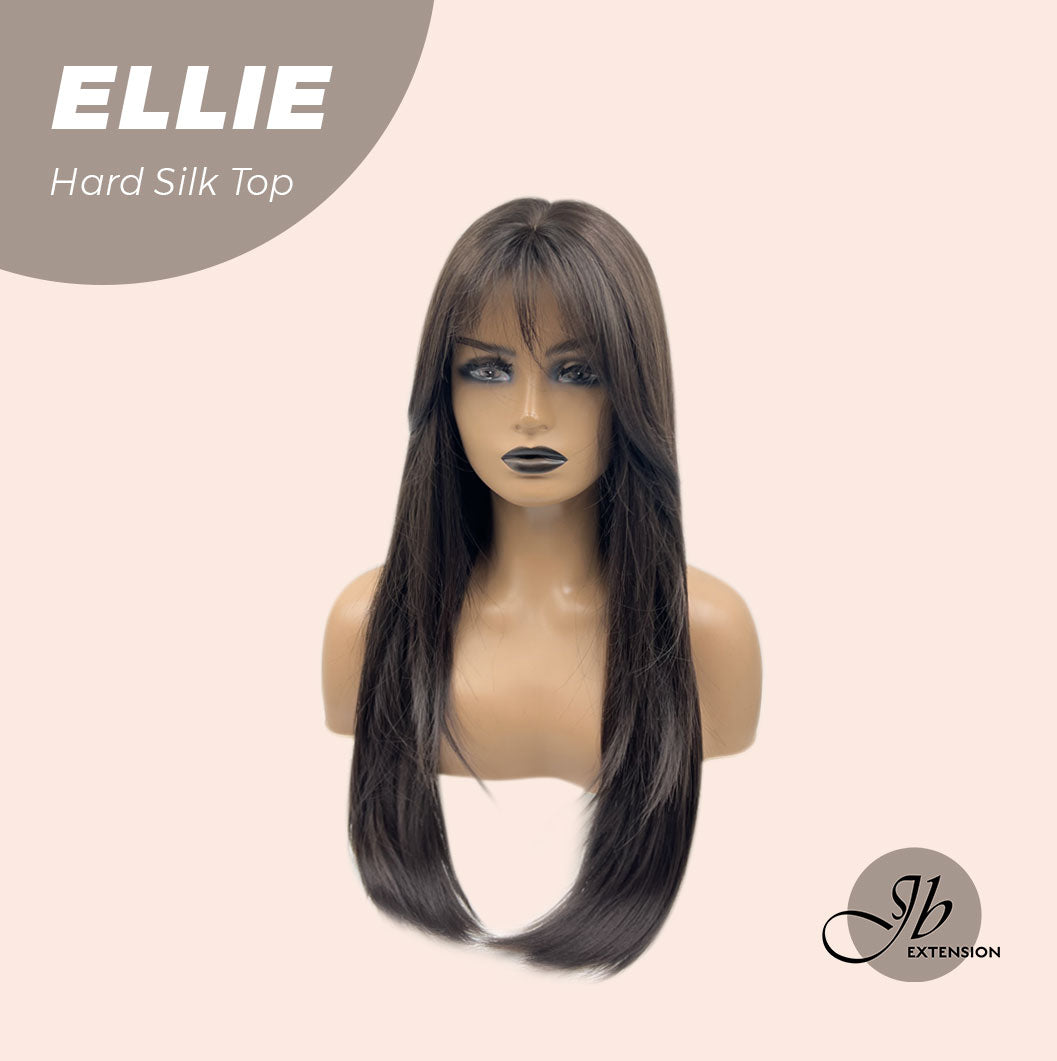 Nichole's Selection - 26 Inches Scalpiana Tea Black Darkest Brown Wolf Cut 3.5X4 Hard Silky Top Natural Scalp Effect Wig With Bangs ELLIE SILK TOP