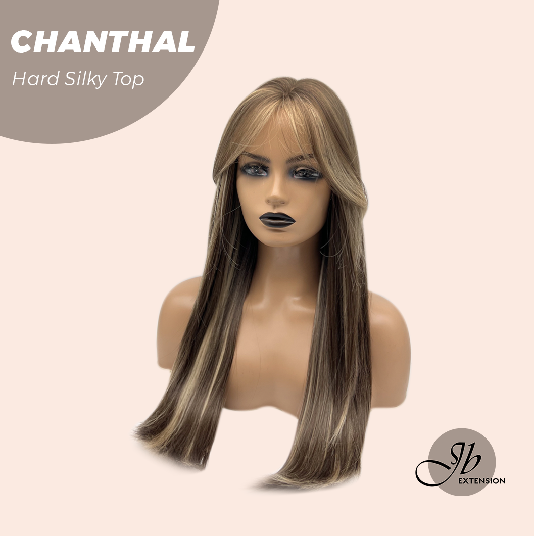JBEXTENSION 25 Inches Scalpiana Brown with Blonde Highlight 3.5X4 Hard Silky Top Natural Scalp Effect Wig With Bangs CHANTHAL