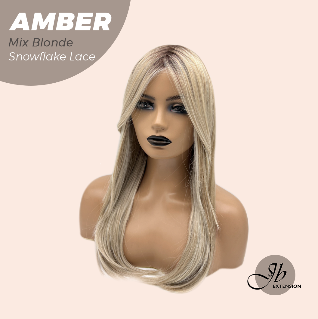 JBEXTENSION 21 Inches Straight Mix Blonde Pre-Cut T Part Snowflake Lace Frontlace Glueless Wig AMBER MIX BLONDE【BENDY EAR TABS】