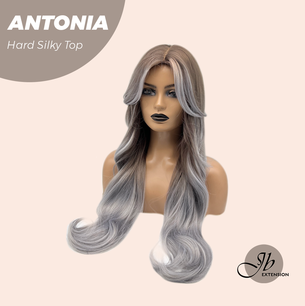 JBEXTENSION 28 Inches Scalpiana Long Curly Light Brown with Grey Highlight 3.5X4 Hard Silky Top Natural Scalp Effect Wig ANTONIA