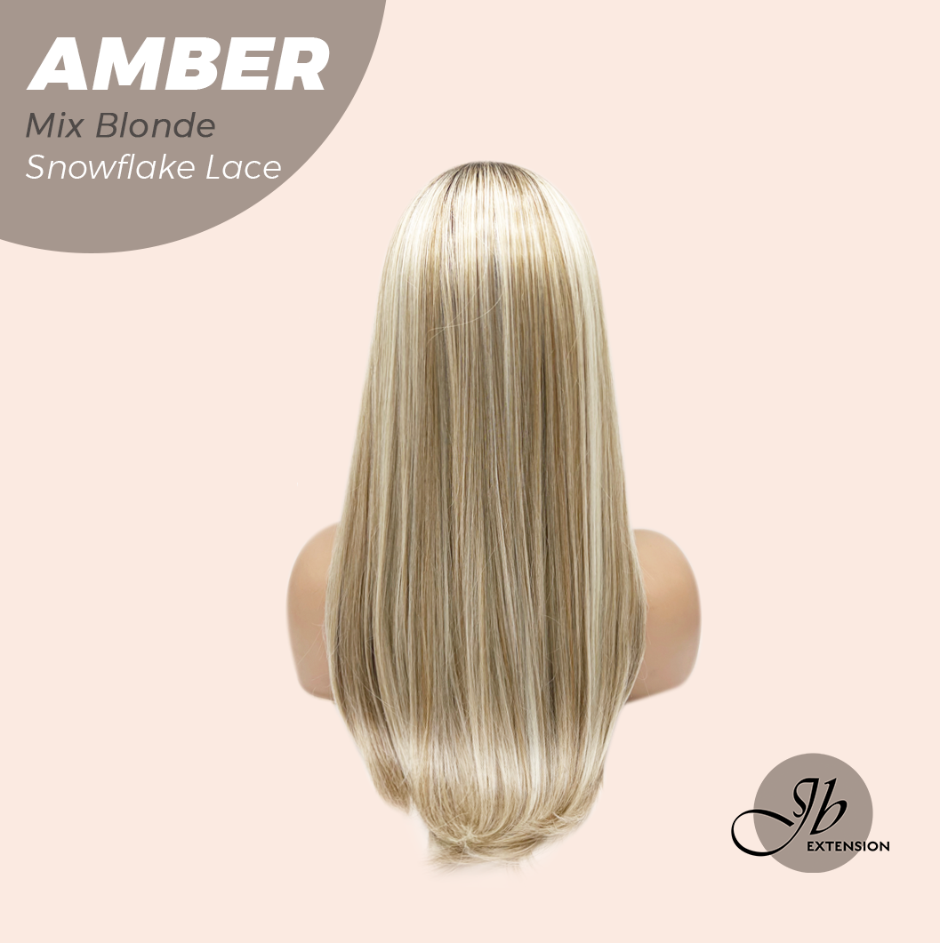 JBEXTENSION 21 Inches Straight Mix Blonde Pre-Cut T Part Snowflake Lace Frontlace Glueless Wig AMBER MIX BLONDE【BENDY EAR TABS】