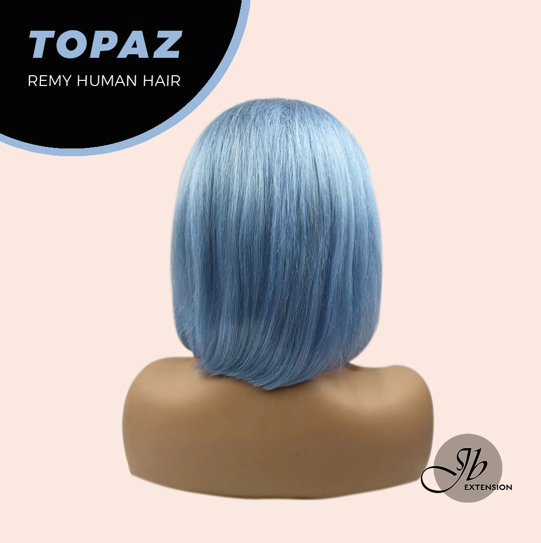 JBEXTENSION GEMSTONE COLLECTION 12 Inches Real Human Hair Light Blue Bob Cut Free Parting Wig TOPAZ