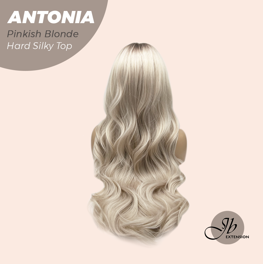 JBEXTENSION 28 Inches Scalpiana Long Curly Pinkish Blonde 3.5X4 Hard Silky Top Natural Scalp Effect Wig ANTONIA PINKISH BLONDE