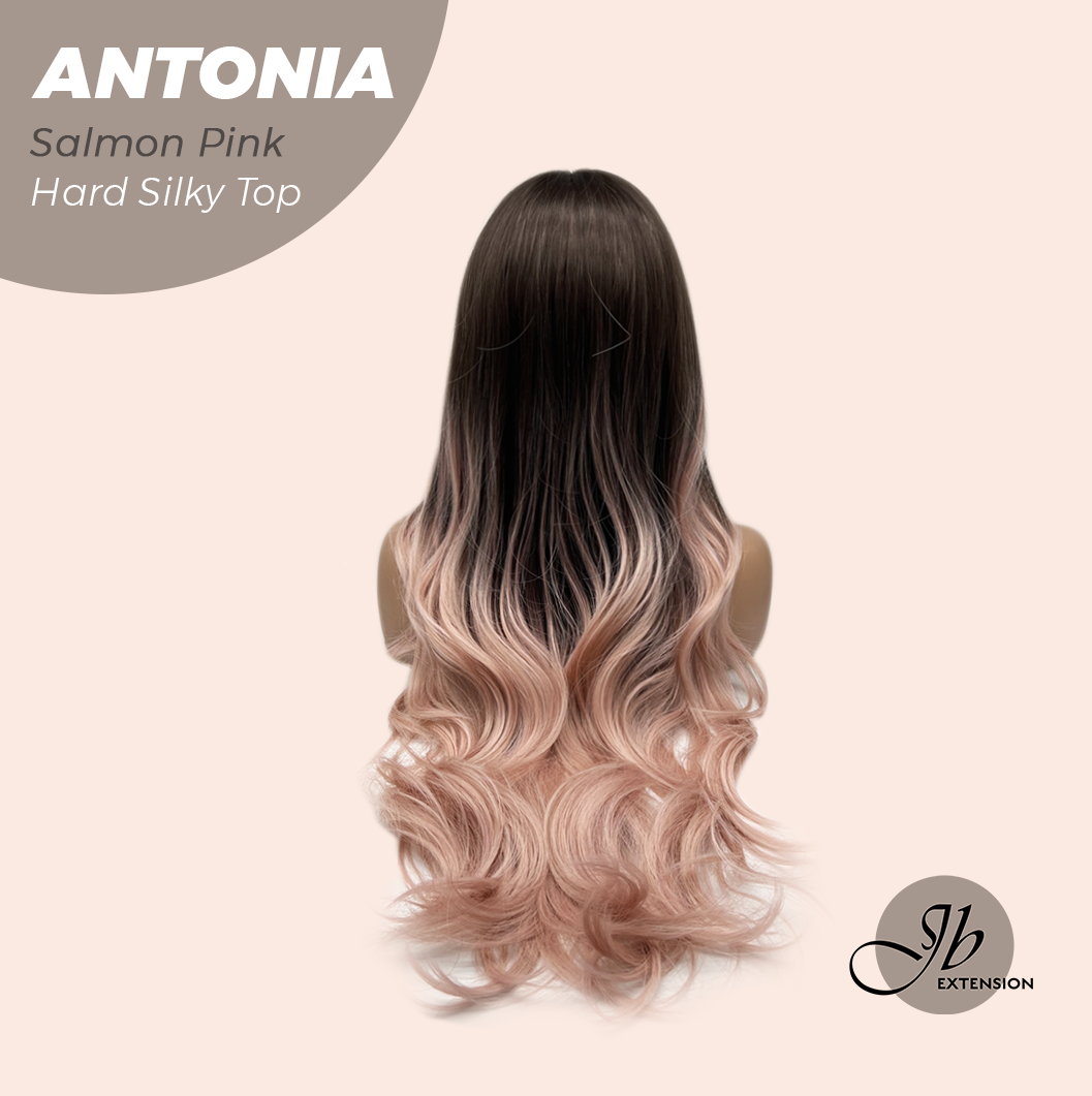 JBEXTENSION 28 Inches Scalpiana Long Curly Salmon Pink 3.5X4 Hard Silky Top Natural Scalp Effect Wig ANTONIA SALMON PINK