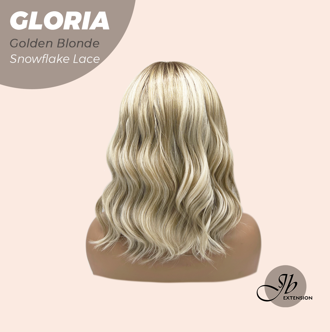 JBEXTENSION 14 Inches Curly Golden Blonde Wig with Bangs Pre-Cut T Part Snowflake Lace Frontlace Glueless Wig GLORIA GOLDEN BLONDE